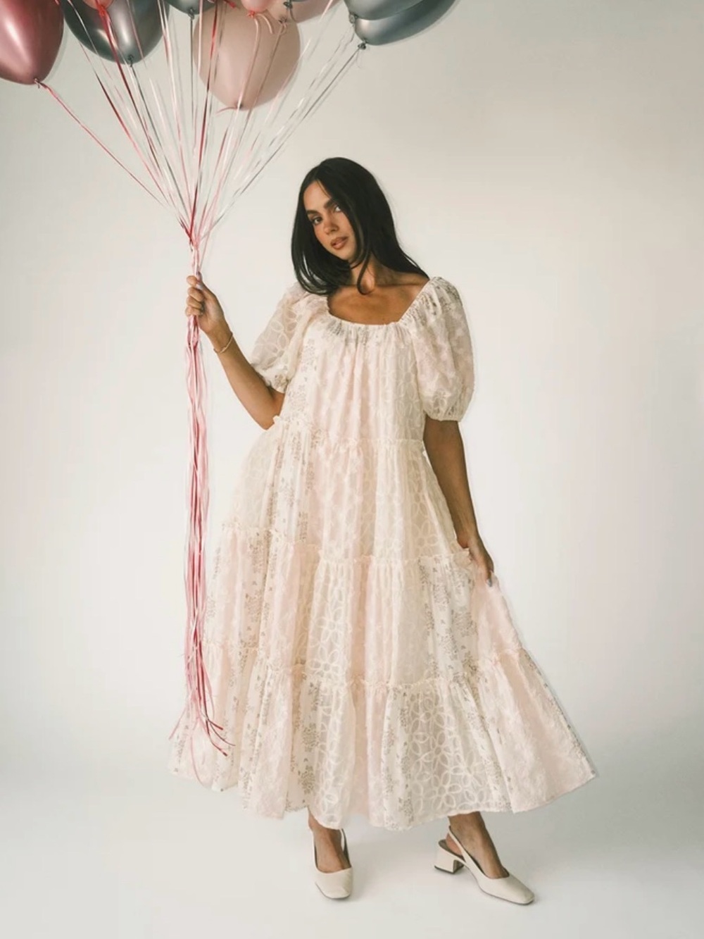 Ivory Lace Tiered Maxi Dress with Puff Sleeves